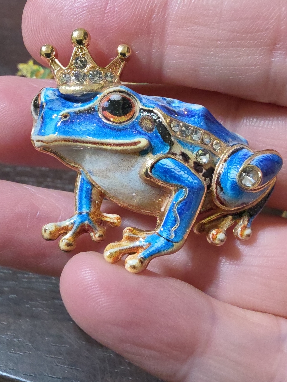 A118- Blue Enamel Frog Prince Brooch with Crown